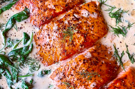 Pan Seared Salmon in Mustard Dill Cream Sauce with Spinach