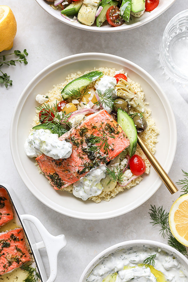 GREEK SALMON BOWL WITH TZATZIKI SAUCE