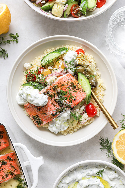 GREEK SALMON BOWL WITH TZATZIKI SAUCE