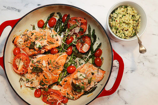 Oven Roasted Sockeye Salmon Primavera with Artichoke Gremolata