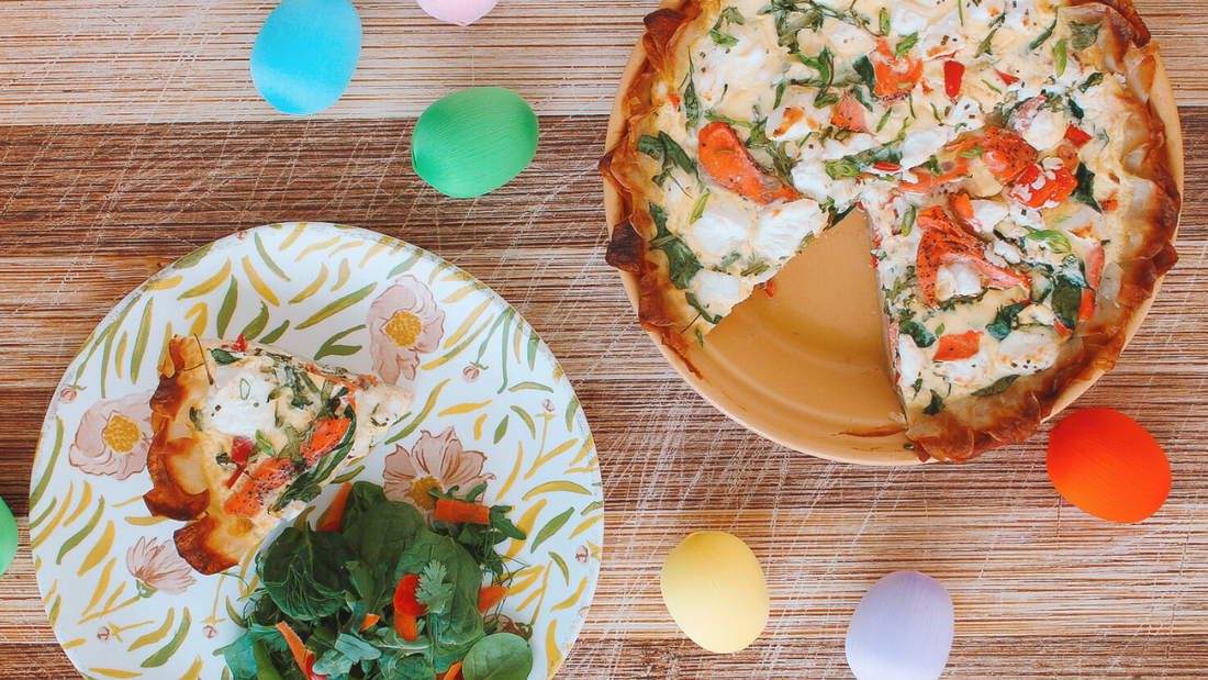 Peppered Salmon, Goat Cheese, and Leafy Greens Quiche with a Potato Crust