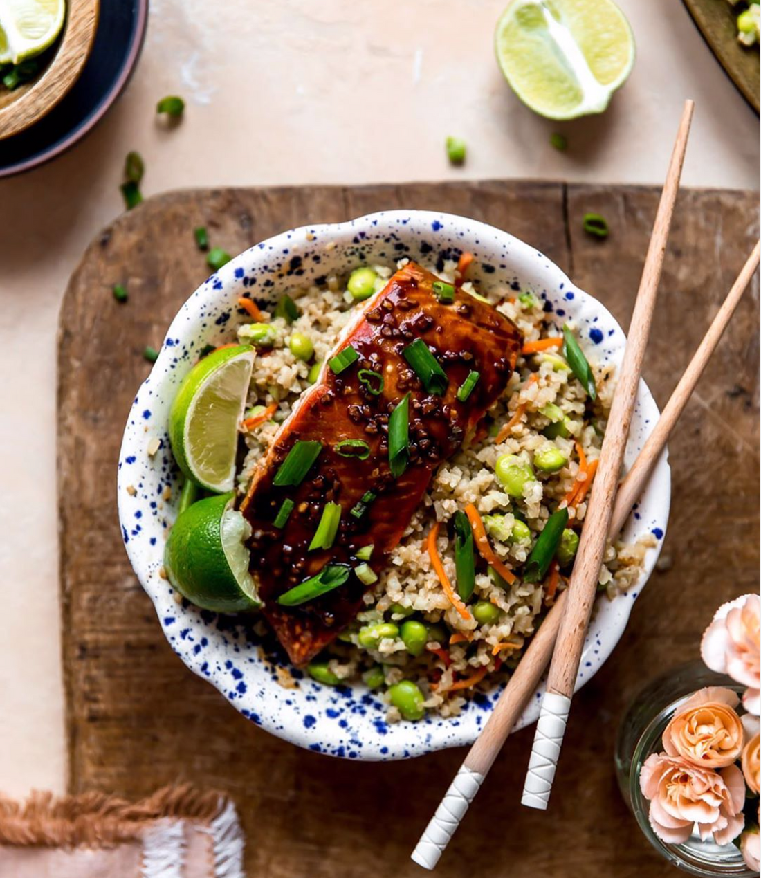 Healthy Teriyaki Salmon Bowls with Cauliflower Fried Rice