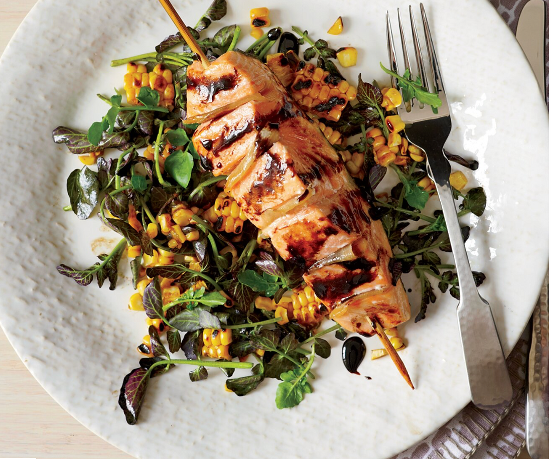 Gingered Salmon with Grilled Corn and Watercress Salad
