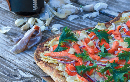 Roasted Garlic & Artichoke Heart Grilled Salmon Pizza