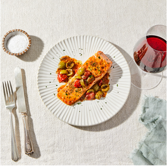 Pan Seared Salmon With Lemony Olive Tomato Sauce